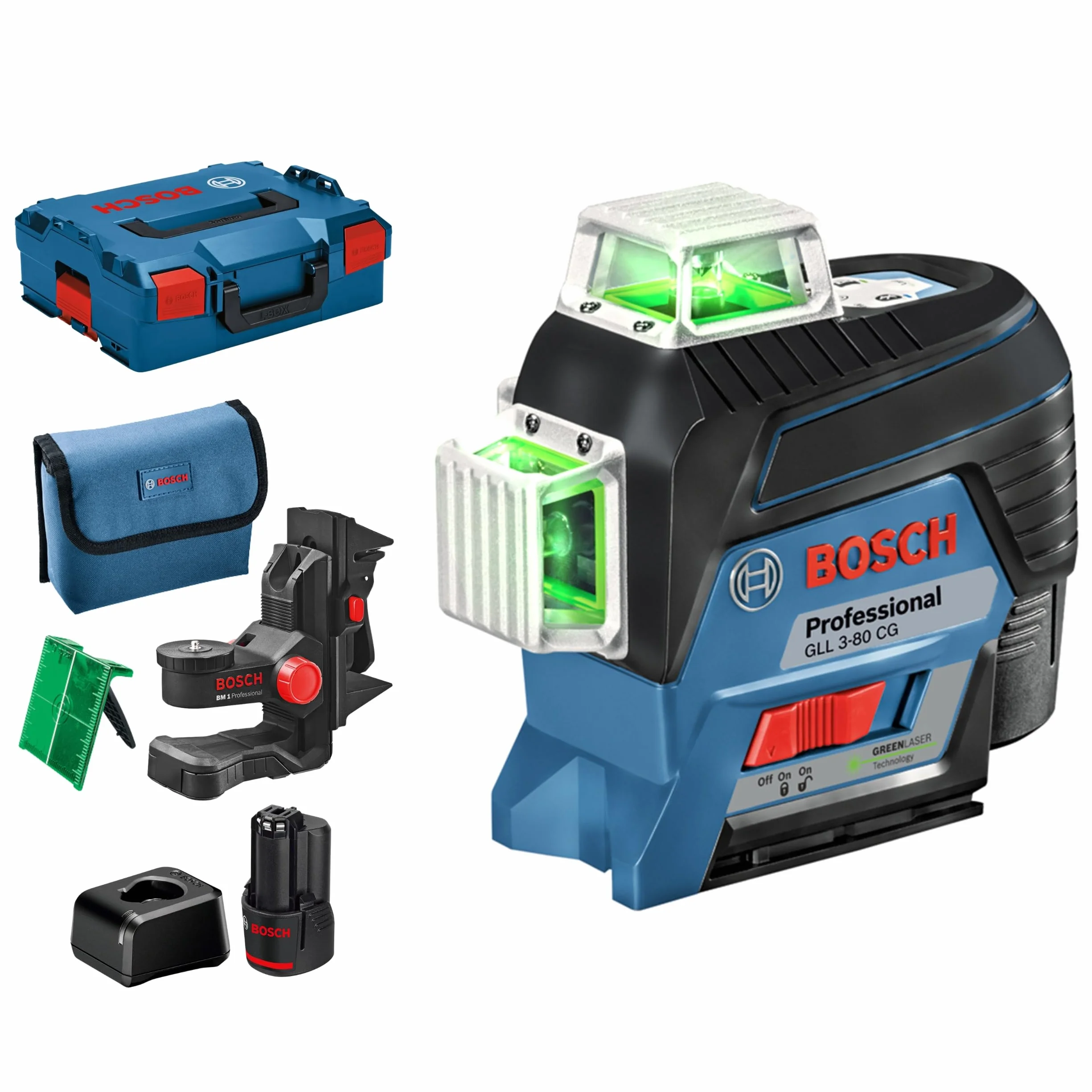 Livella laser Bosch Professional 12V System GLL 3-80 CG (2 batterie 12V,caricabattere, laser verde, funzione con app, supporto, raggio d'azione: fino a 30 m, in L-BOXX) – Amazon Exclusive Set
