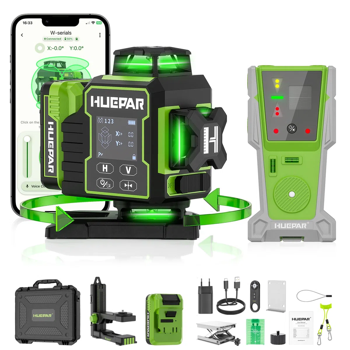 Livella Laser Autolivellante 16 Linee con Ricevitore Huepar, 4x360 °Livello Laser Autolivellante Verde Bluetooth, Batterie Ricaricabili,Staffa Magnetica,Telecomando Custodia Portatile-W04CG 8RG