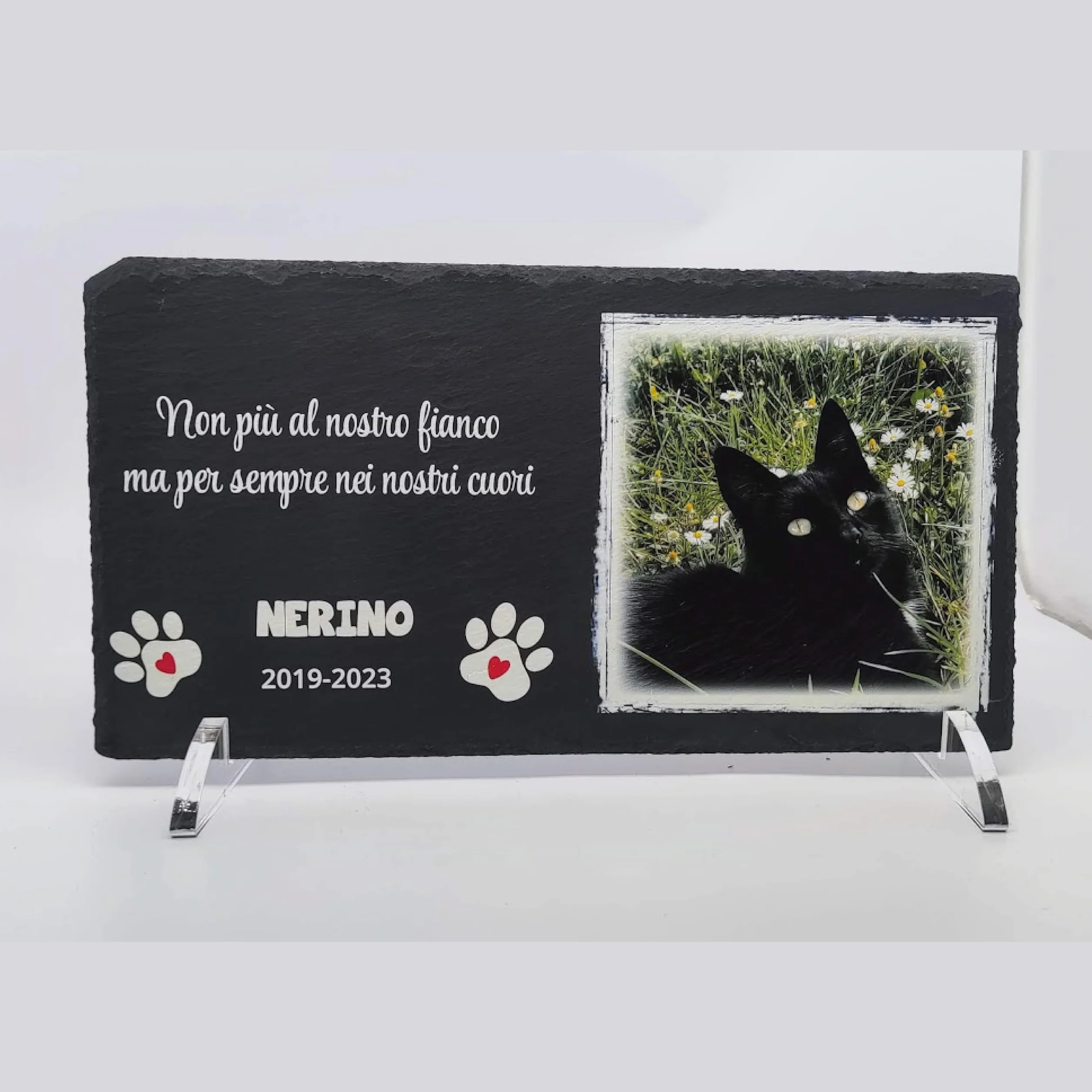 Targa commemorativa per Cane e Gatto, Memoriale personalizzabile in pietra, Lapide cane personalizzata per esterno con foto del tuo animale domestico (Rettangolare 32x17cm)