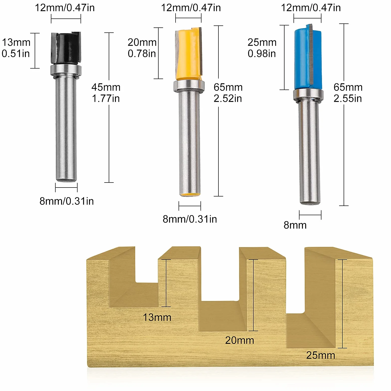 CPROSP 3Pcs Frese per Legno Gambo 8mm per Lavorazione del Legno, Top/Bottom Bearing Flush Trim Bit