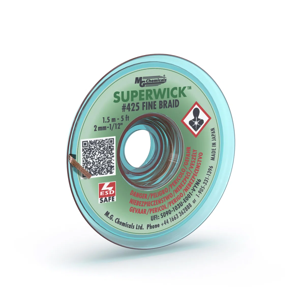 MG Chemicals 425 Dissaldante Braid # 3 Super stoppino a treccia fine con flusso RMA, 5 'di lunghezza x 0,075 "di larghezza, verde