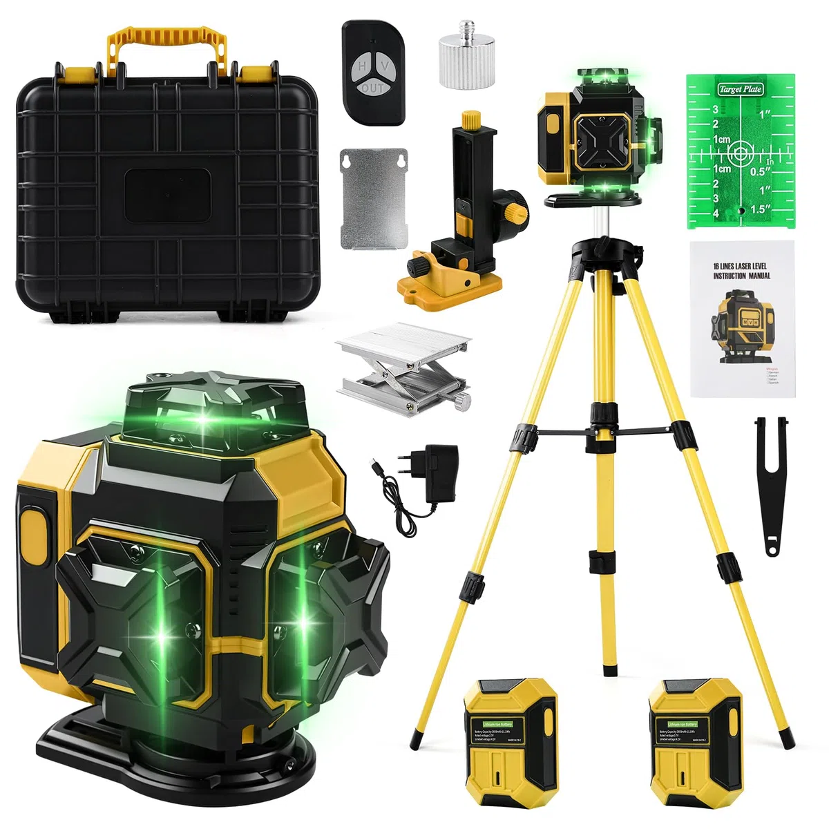 Livella Laser Autolivellante 360 x 4, Precisione ± 1 mm/5 m, 4D 16 Linee Livello Laser con Treppiede, Laser Verde, Visibilità Eccezionale a 25 m, Supporto Rotante, 2 x 3600mah Batteria(Giallo)