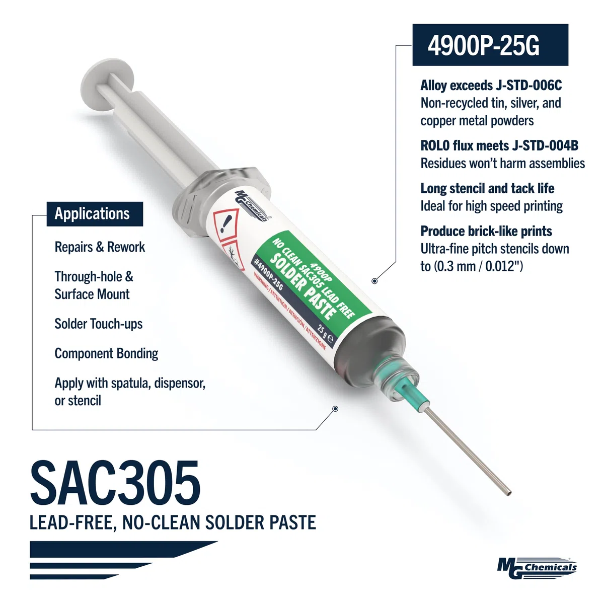 MG Chemicals 4900P SAC305, pasta saldante senza piombo, non pulita, erogatore pneumatico da 25 g (0,9 once) (completo di stantuffo e punta di erogazione)