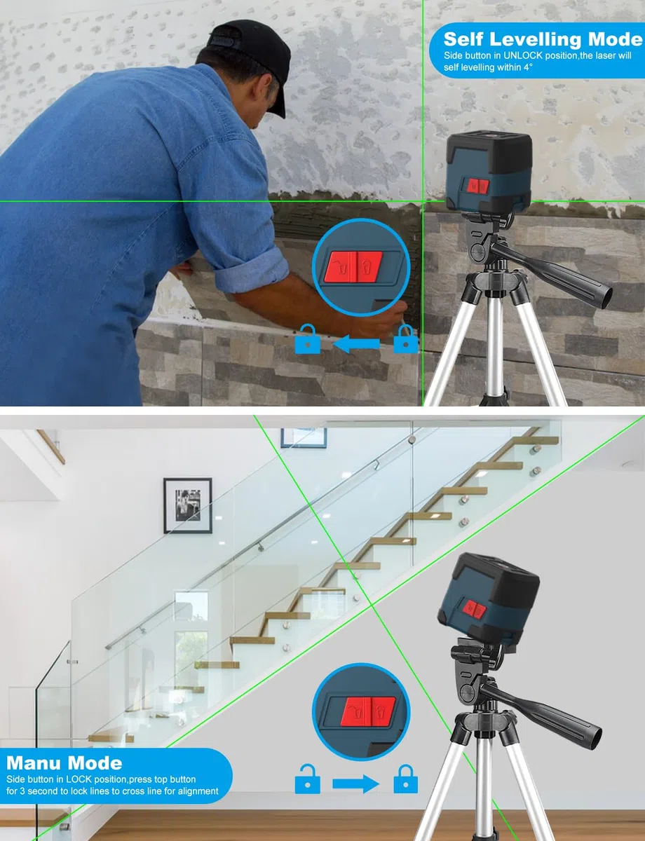 Livella laser con Treppiede,RockSeed Verde Croce Livella Laser a Punti Orizzontali e Verticali Livella Laser Autolivellante con Modalità Manuale/Autolivellante IP54