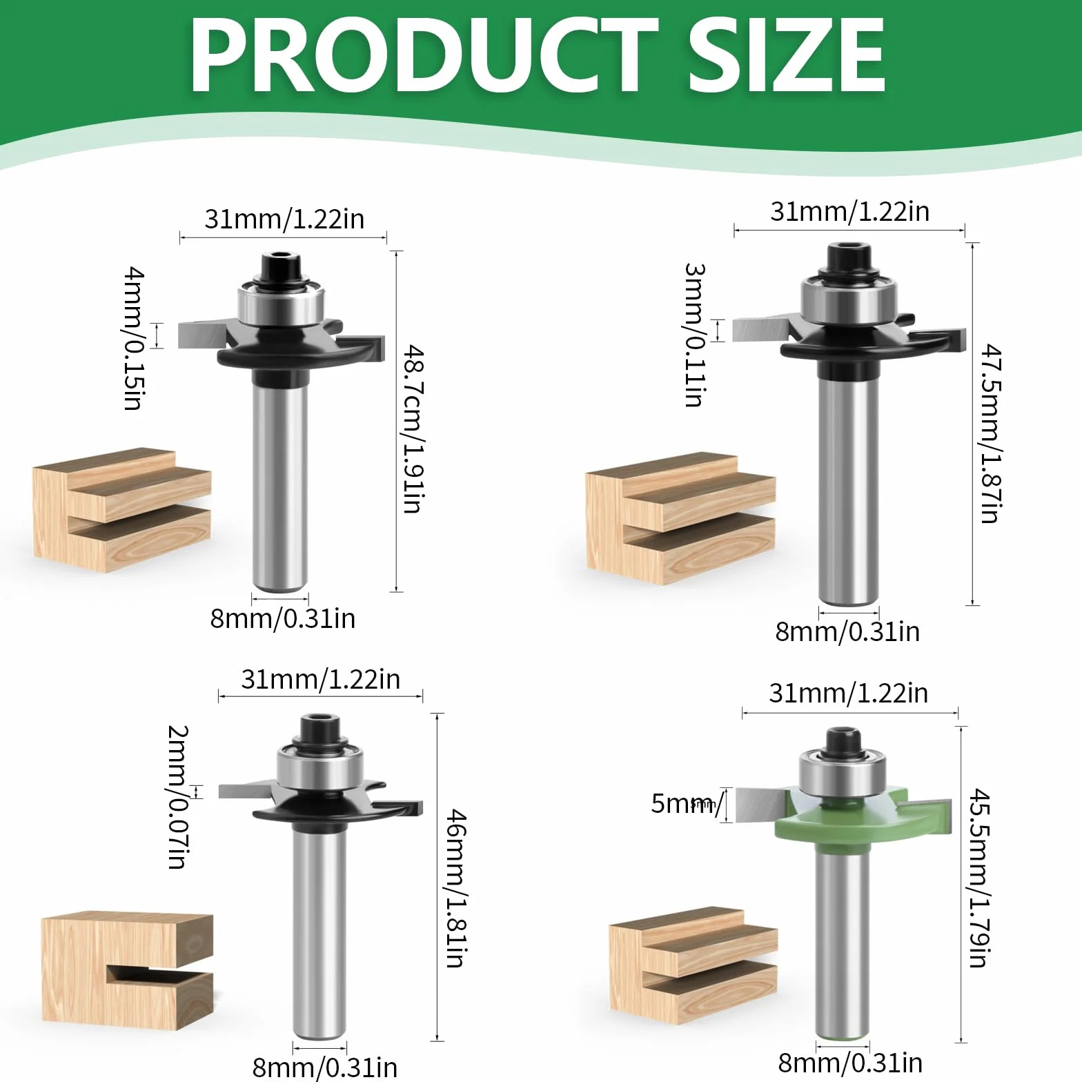 Set di frese per fresatrice, 4 frese a disco per fresatrice con scanalatura da 8 mm, set di frese con albero da 8 mm, frese con molla, set di utensili per la lavorazione del legno con cuscinetti a