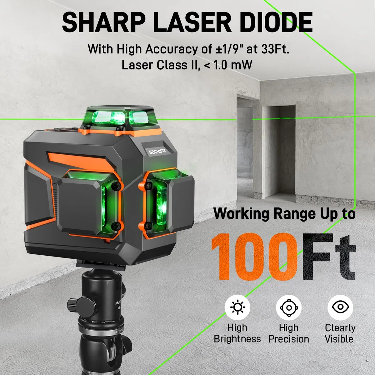 GOCHIFIX Livella Laser Verde Autolivellante 3x360 a 12 Linee con Tubo Laser Sharp 520 Batteria Ricaricabile da 5,2 Ah Modalità a Impulsi Ideale per Costruzioni e Livellamenti di Precisione