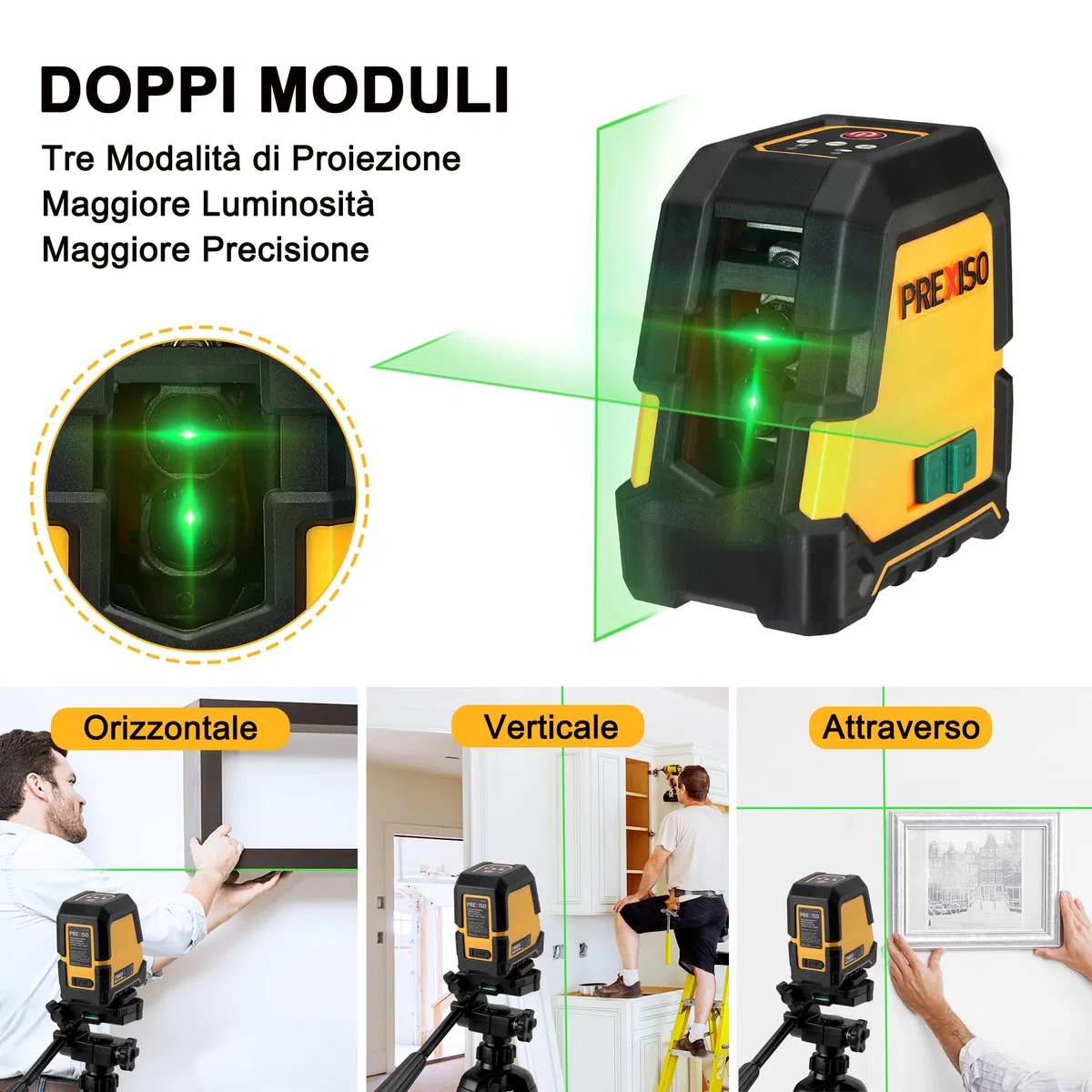 PREXISO Laser a Linee, Livella a Linea Laser, Livella Autolivellante, Laser a Linea Verticale/Orizzontale, Laser Verde con 3 Modalità, Livella Laser Professionale con Supporto Magnetico e Treppiede