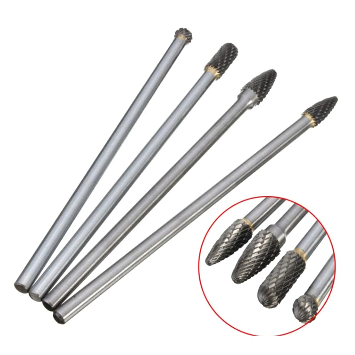 Set di 4 frese rotanti in carburo di tungsteno in acciaio solido da 5,9 pollici con codolo da 6 mm, adatto per utensili rotanti per la lavorazione del legno