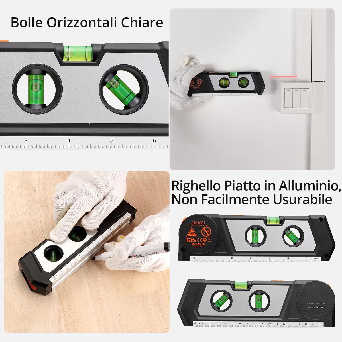 Neoteck Livella Laser 4 in 1 con 3m/9.8ft Metro Nastro+Livella+17cm Regolo Livella Laser Multiuso con Doppia Testa Laser Livello Laser a Infrarossi per Appendere Quadri Armadi Piastrelle e Pareti