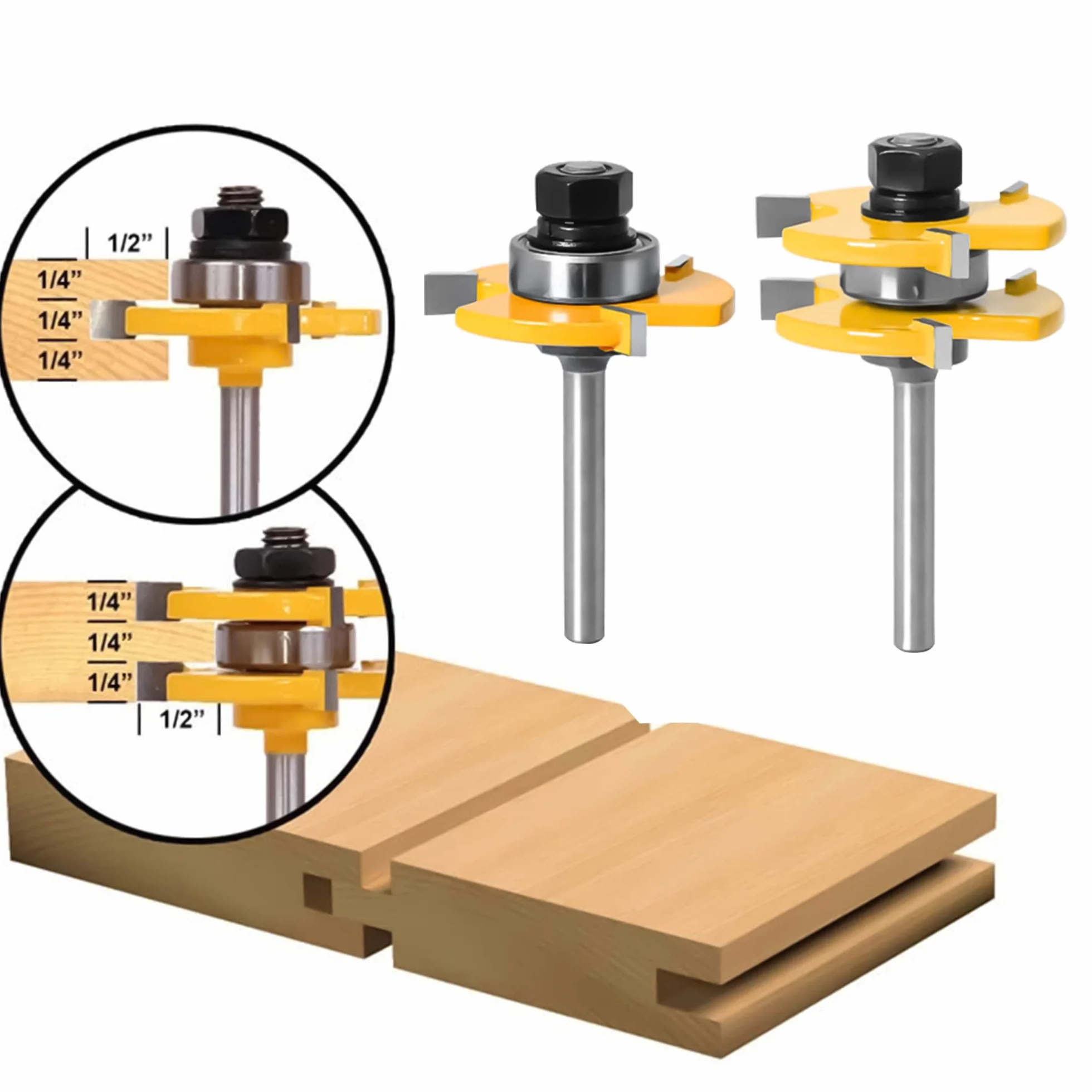 3 Pezzi Fresa per incastri Set, 6.35mm Fresa Scanalatura legno, Tagli a 45 Gradi+ Frese, per Strumento di Lavorazione del Legno, Fresatrice Verticale
