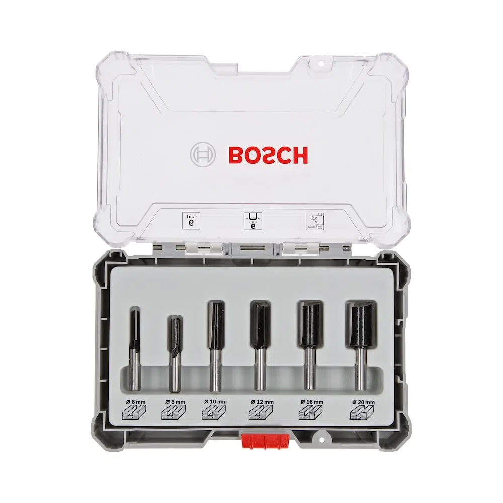 Bosch 6x Set di punte per fresa PRO diritte, 6 pz (per Legno tenero, Legno duro, Ø 6, 8, 10, 12, 16, 20 mm, Professional Accessorio Fresatrice portatile, Rifilatore)