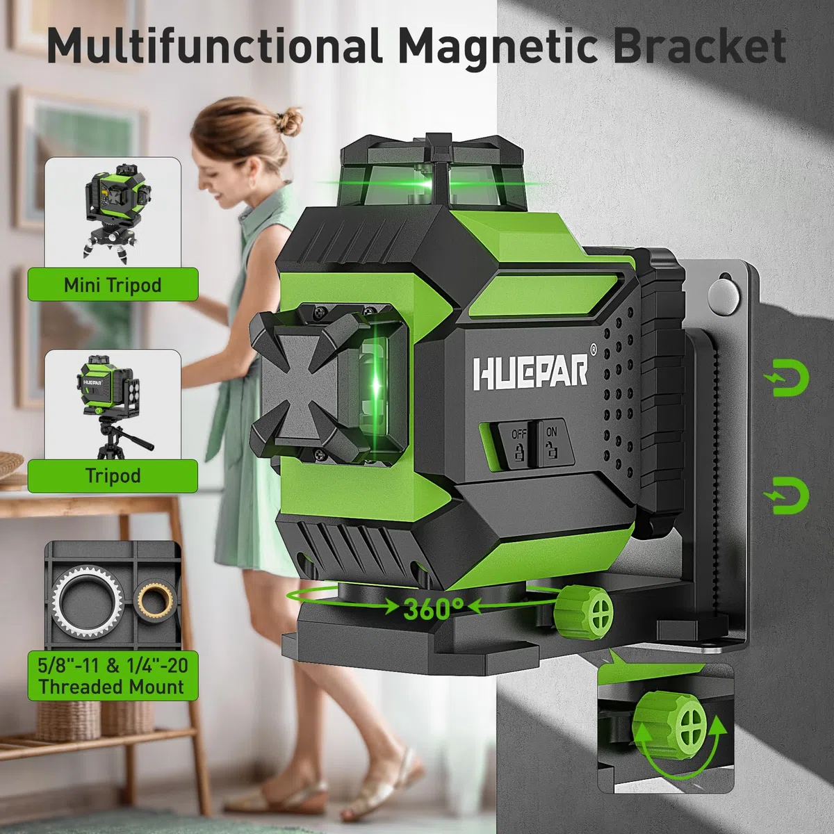 Huepar Livella Laser Autolivellante 12 Linee,3 x 360° Livello Laser Verd,3D Autolivellante,Batteria al Litio Ricaricabile,Supporto Rotante Magnetico, Luminosità Regolabile