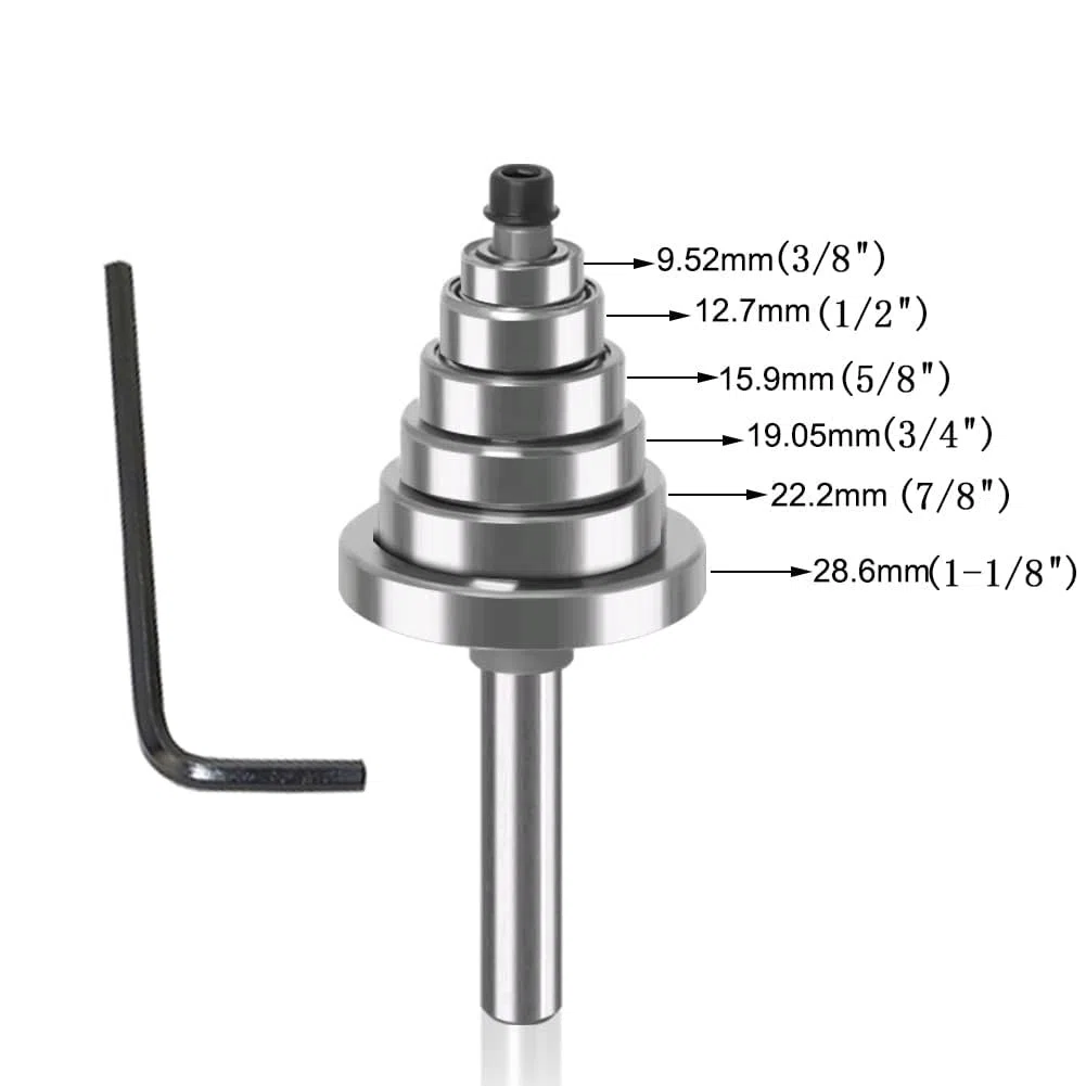 Set di punte per rabbet con gambo da 1/4", 3 pezzi con 6 cuscinetti (1/8", 1/4", 5/16", 3/8", 7/16", 7/16", 1/2" cuscinetti)