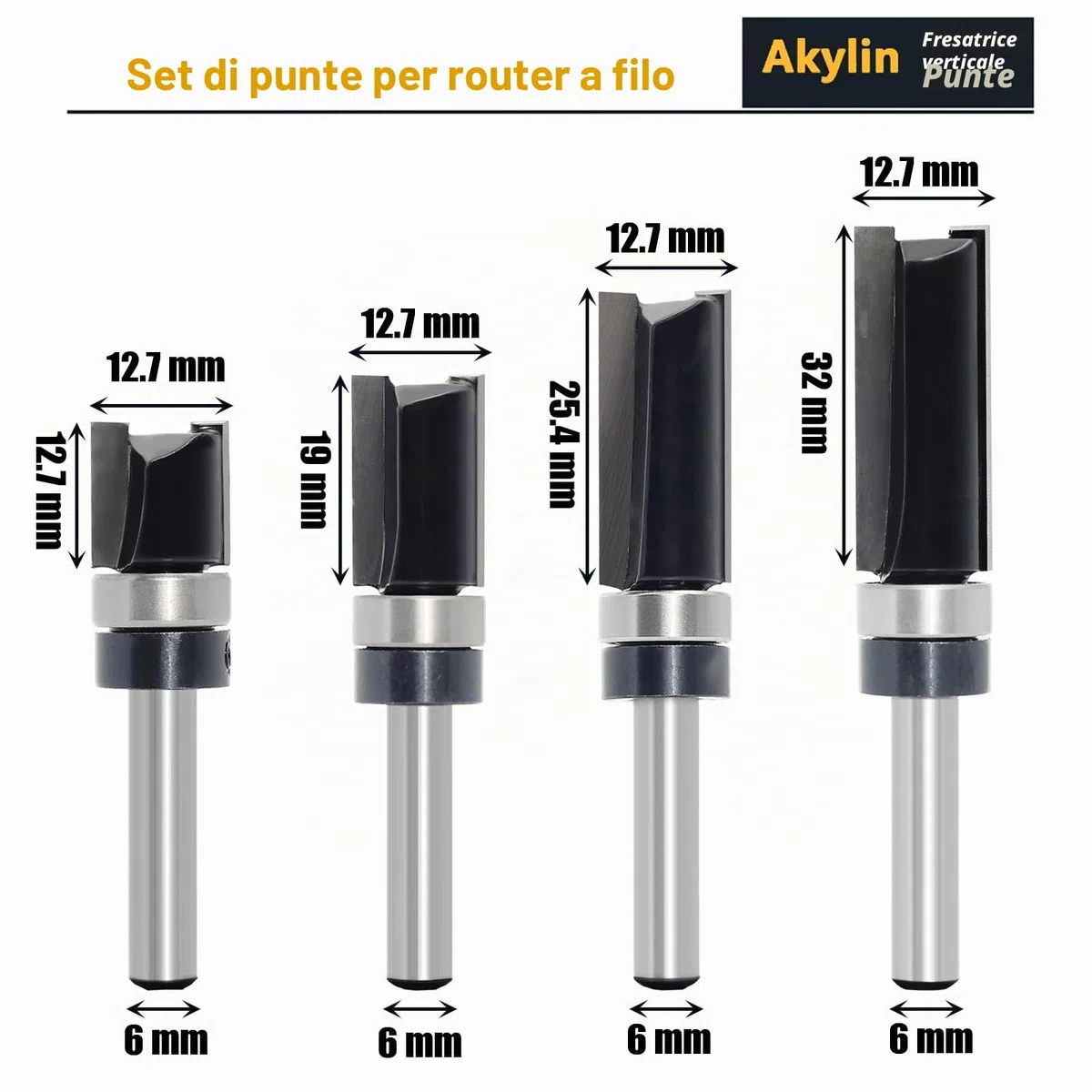 Set di 4 frese da copiare in legno a gambo da 6 mm, con cuscinetti a sfera, strumento da taglio professionale per router per legno
