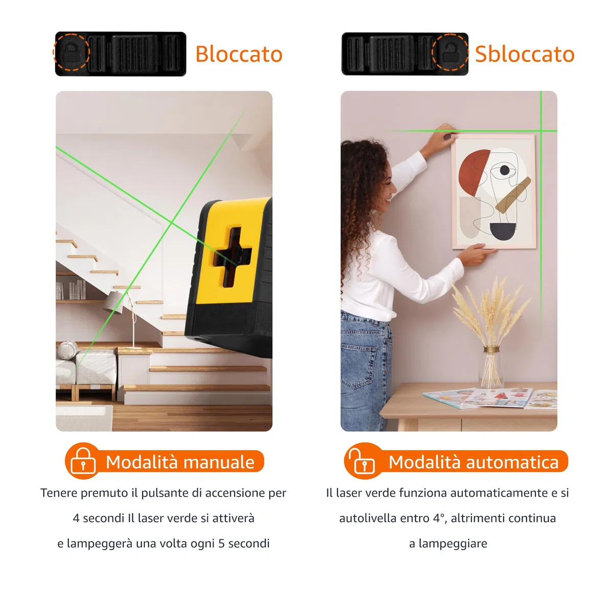 Amazon Basics Livella laser a linee incrociate orizzontali/verticali, di classe II, 18 m, Giallo/Nero