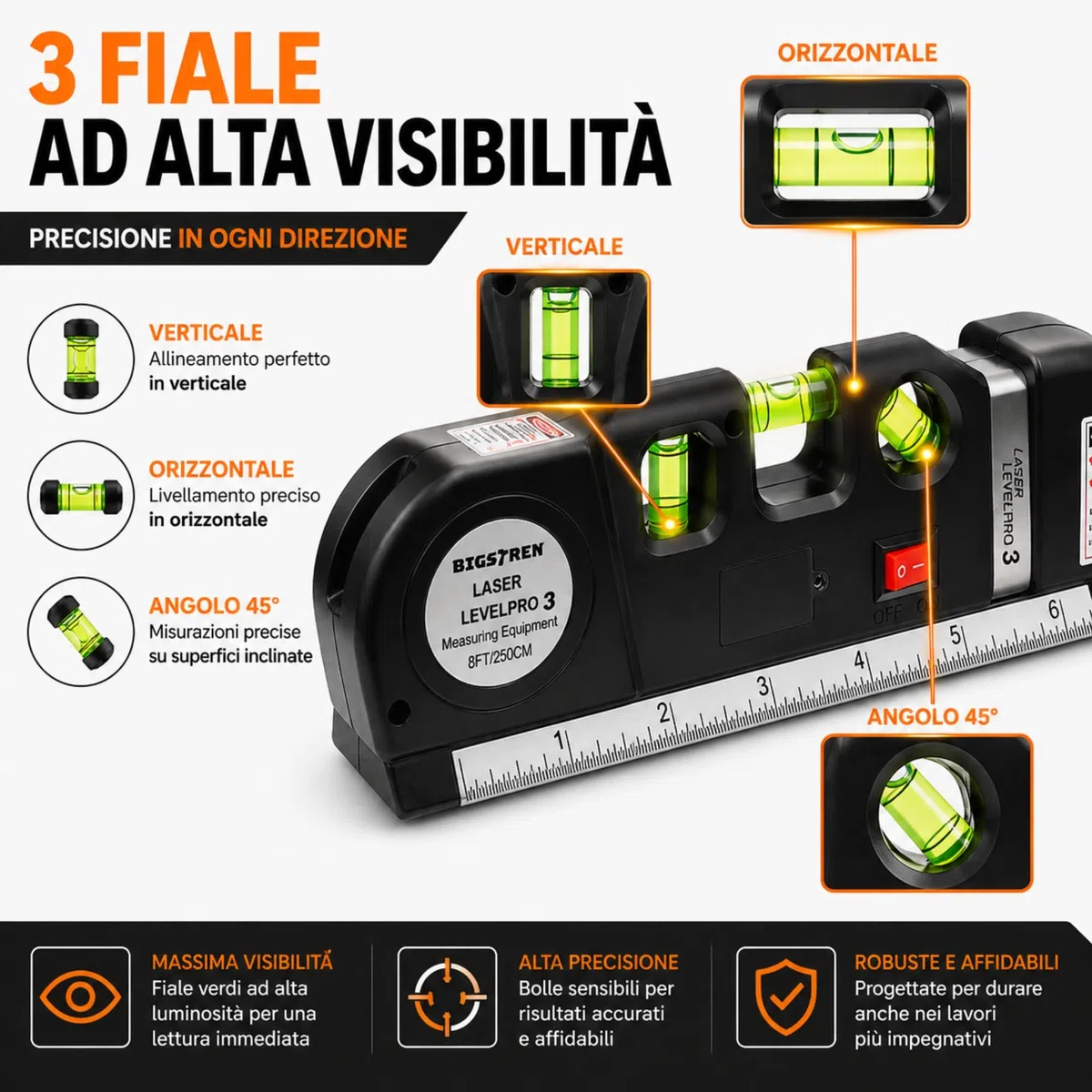 Livella Laser 4in1 con Metro 2,5m – Precisione Assoluta! Laser Rosso Orizzontale/Verticale + 3 Fiale - Perfetta per Montaggio Quadri, Piastrelle e Fai da Te, Strumento Professionale Preciso