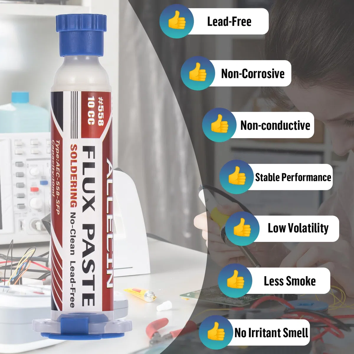 5 Pezzi 10mL Flussanti per Saldatura Senza Piombo 10CC Solder Flux Paste No Clean Flussante Flusso per Pasta Saldante alla Colofonia AEC-558 con Asta di Spinta e Ago per PCB SMD BGA