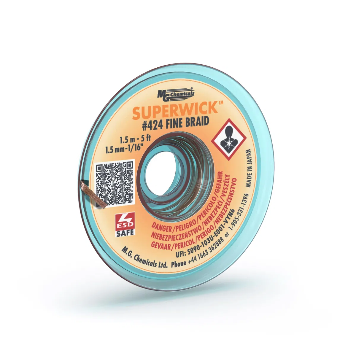 MG Chemicals 424 Dissaldante Braid # 2 Super stoppino a treccia fine con flusso RMA, 5 'di lunghezza x 0,05 "di larghezza, giallo