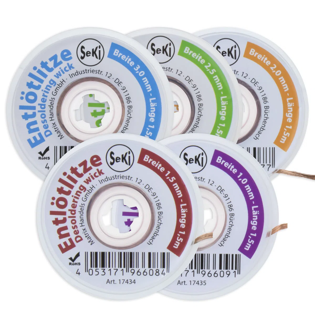 SeKi Assortimento di 5 dimensioni di 1,0 – 3,0 mm ciascuno lungo 1,5 metri; aspirazione dissaldante – Alta potenza di aspirazione