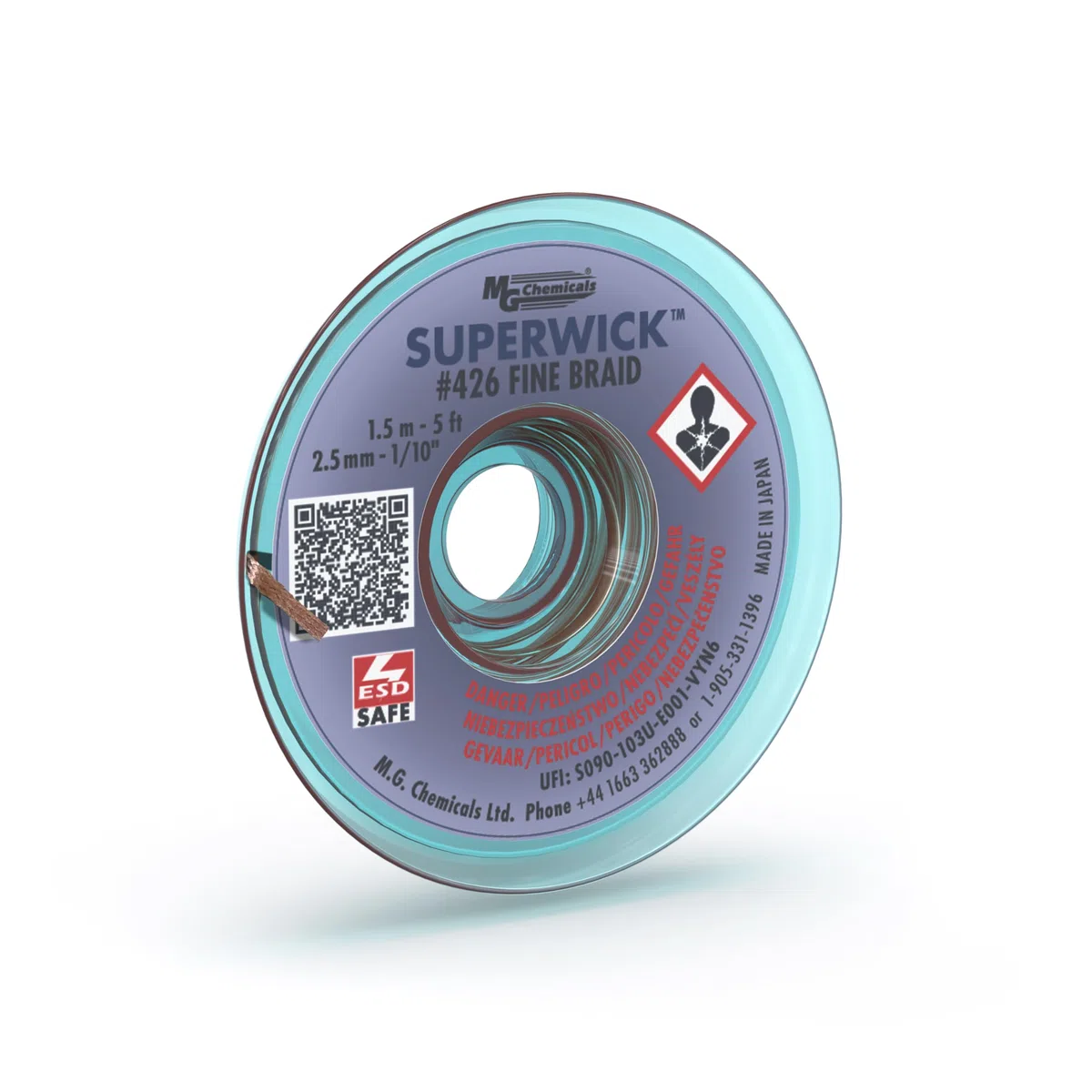 MG Chemicals 426 Treccia dissaldante n.4 treccia fine Super stoppino con flusso RMA, 5 'di lunghezza x 0,1 "di larghezza, blu