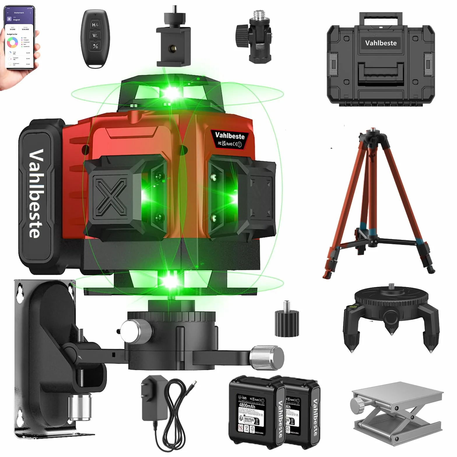 Livella Laser con Treppiede,Livella Laser Autolivellante 360 con 2x4800mAh Batterie & Indicatore LED, 4X 360 °Livello Laser,16 Linee Laser Verde/APP/Telecomando/IP54 Impermeabile,Antipolvere