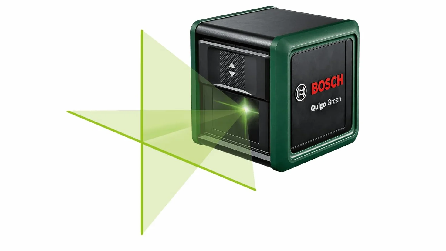 Bosch livella laser a croce Quigo Green con morsetto snodabile MM 2 (laser verde per una migliore visibilità, involucro in plastica riciclata, in scatola di cartone E-Commerce)
