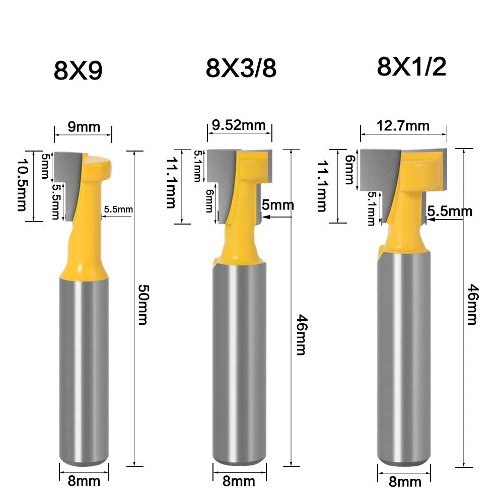 8mm gambo T-Slot carburo di cemento con lavorazione del legno Cutter Router Cnc Bit, 3Pz T-Slot Track Fresa Legno Fresatrice Verticale Giallo