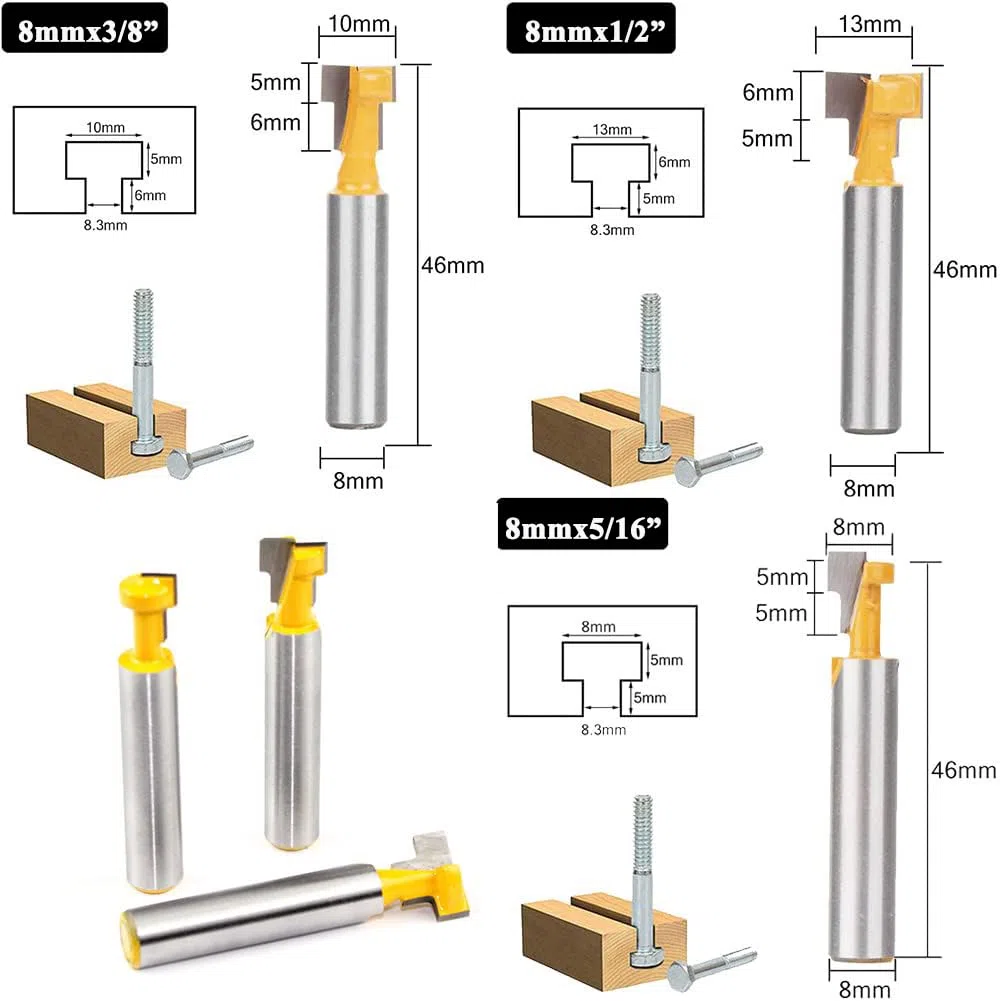 Fresa Scanalatura Router Bit Set, 3 Pezzi 8mm Gambo Fresa Set, Punte per Falegnameria Fresa di Legno, Codolo T-Slot Router Bit Cutter, per Strumenti di Lavorazione del Legno