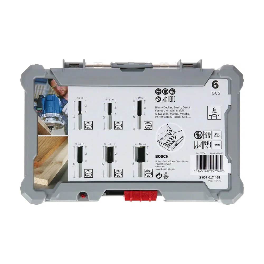 Bosch 6x Set di punte per fresa PRO diritte, 6 pz (per Legno tenero, Legno duro, Ø 6, 8, 10, 12, 16, 20 mm, Professional Accessorio Fresatrice portatile, Rifilatore)
