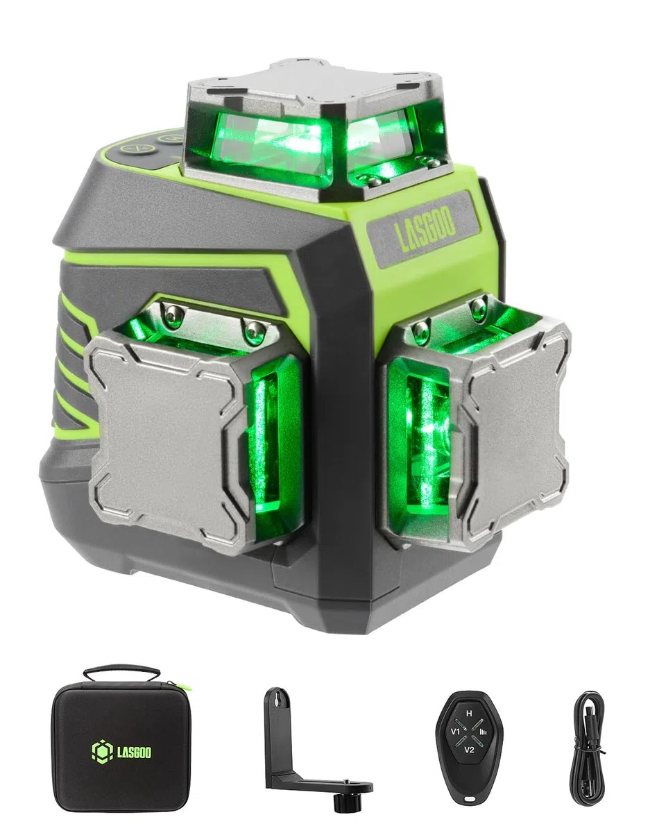 LasGoo Livella Laser Autolivellante 3x360°, Laser 3D a Linea Trasversale Verde per Costruzioni e Appendere Quadri, Batteria Ricaricabile, Telecomando, Supporto Rotante Magnetico Incluso - LG-3Dx