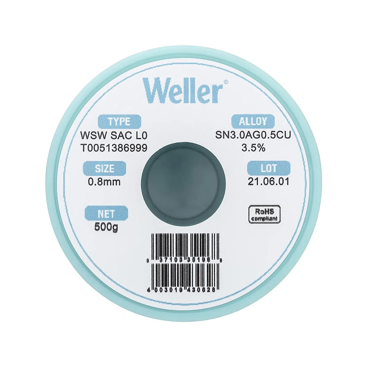 Weller WSW SAC L0 (T0051386999) Filo Saldante, Ø 0.8mm, 500g, Lega Sn96.5Ag3.0Cu0.5, Contenuto di Fondente 3,5%