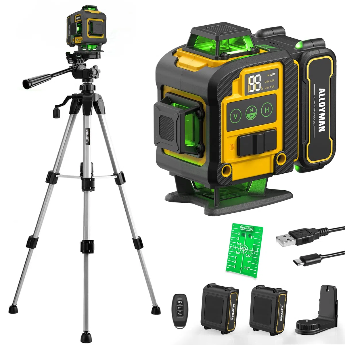 Alloyman Livella Laser Autolivellante 16 Linee con treppiede, Laser a linee incrociate a 4x360 gradi, 4D verde, laser a croce con 2 batterie ricaricabili, IP54, per fai da te, lavori interni e