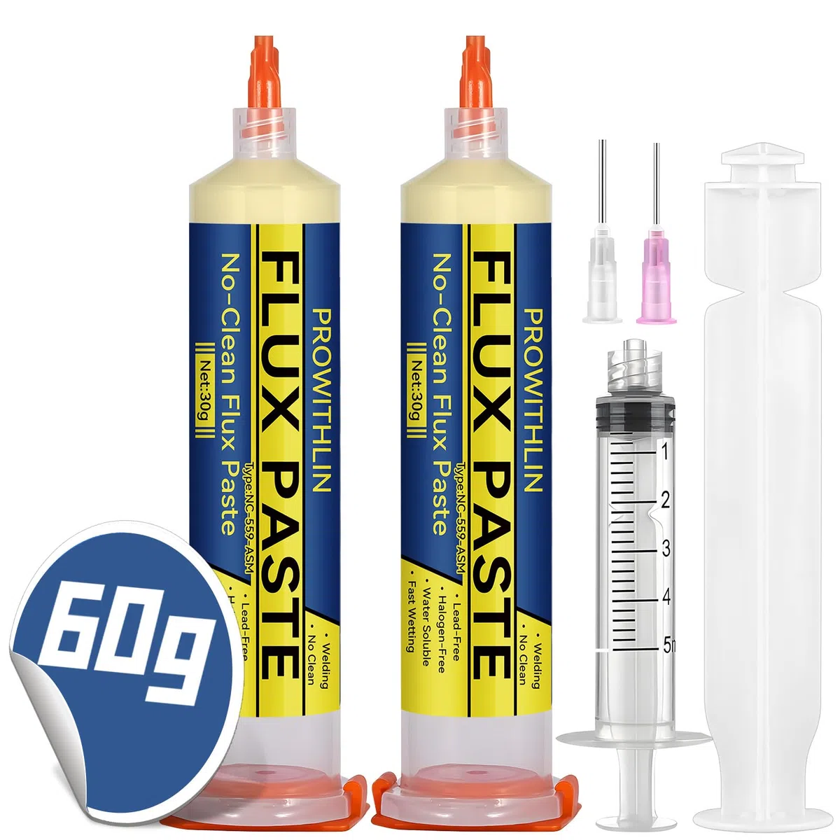 prowtihlin Stagno per Saldare 60ml, 2 Pezzi Paste per saldatura con 2 Aghi, 1 Spingitore & 1 Siringa - 60g Flussante per Saldatura a Stagno, ecc - Ideale per Saldatura a Stagno e Riparazioni BGA/PCB
