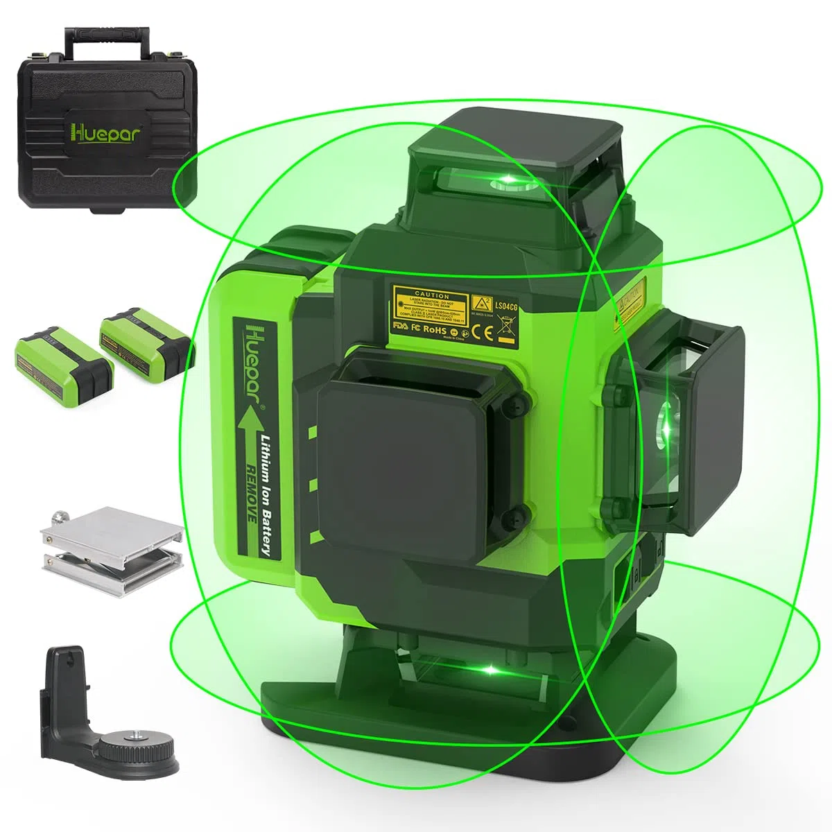 Huepar 4x360° Livella Laser Autolivellante Professionale 16 Linee,4 D Livello Laser Verde,Preciso per Decorazione/Costruzione, 2xBatteria al Litio Ricaricabile, Base Magnetica e Custodia Rigida LS04CG