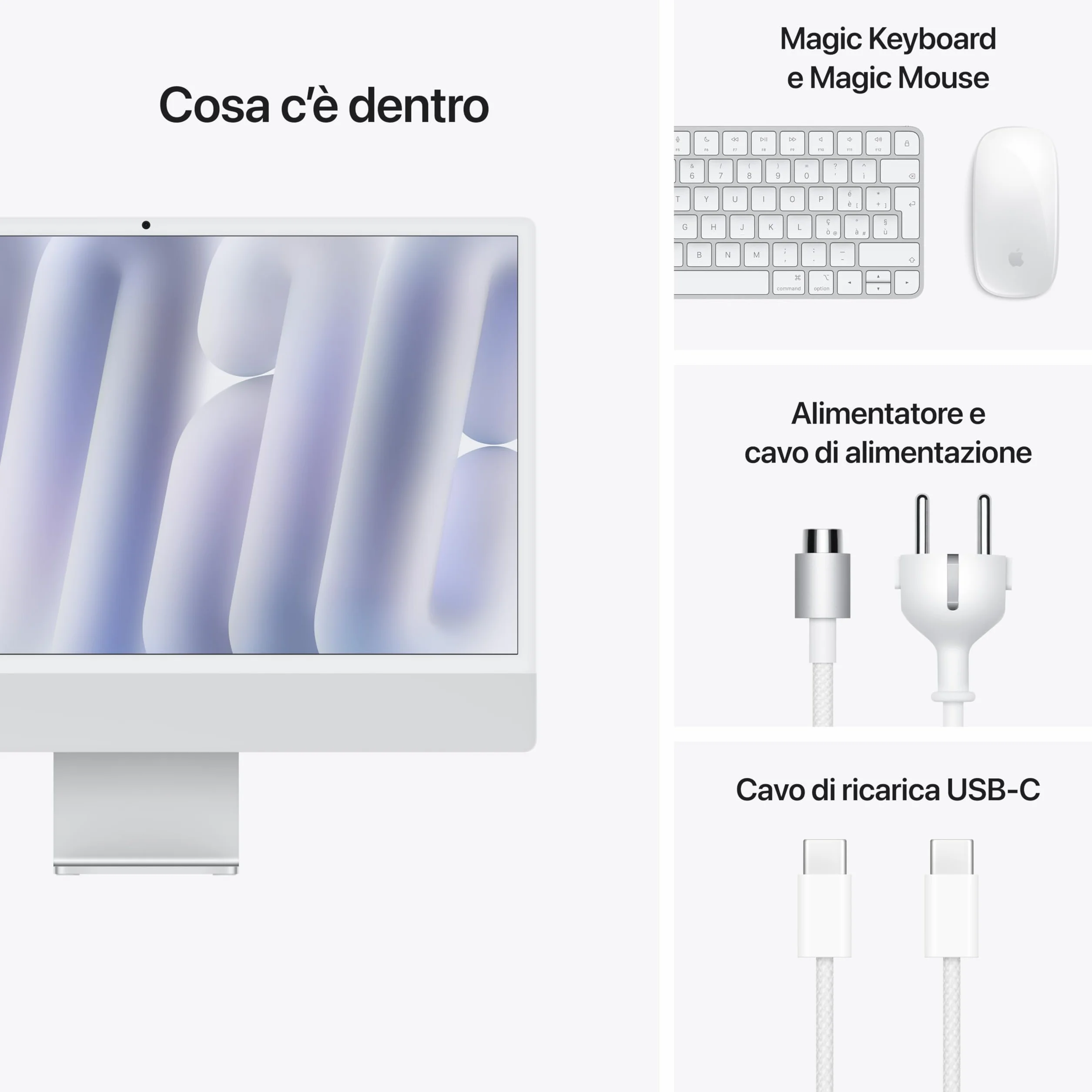Apple iMac Computer desktop all-in-one: Chip M4, CPU 8-core e GPU 8-core: display Retina 24'', 16GB di memoria unificata, 256GB di archiviazione SSD, con accessori. Per iPhone/iPad; Argento