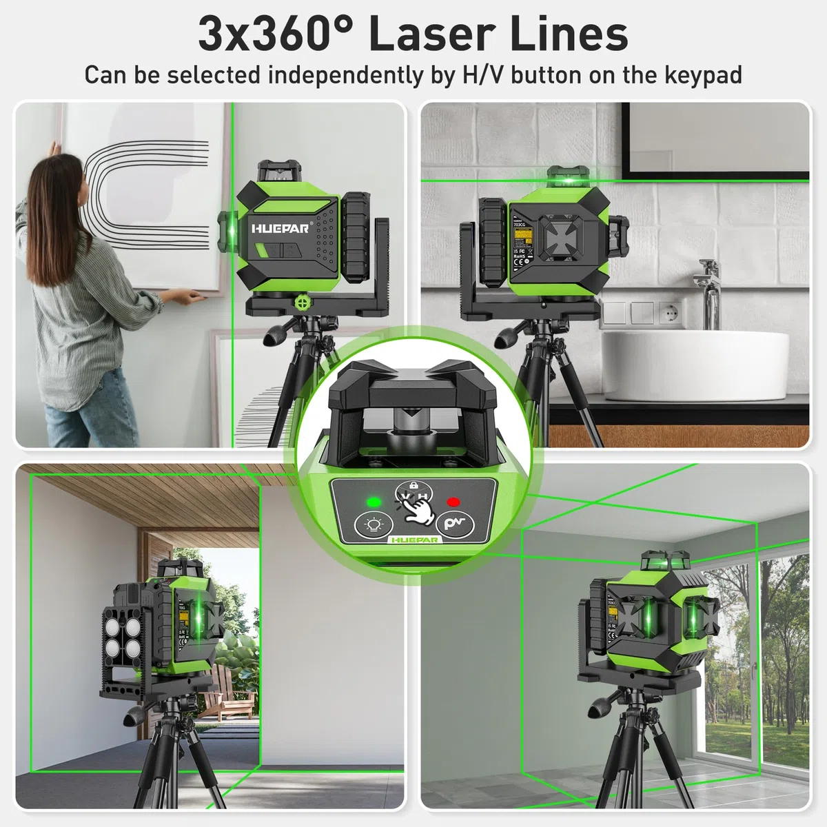 Huepar Livella Laser Autolivellante 12 Linee,3 x 360° Livello Laser Verd,3D Autolivellante,Batteria al Litio Ricaricabile,Supporto Rotante Magnetico, Luminosità Regolabile