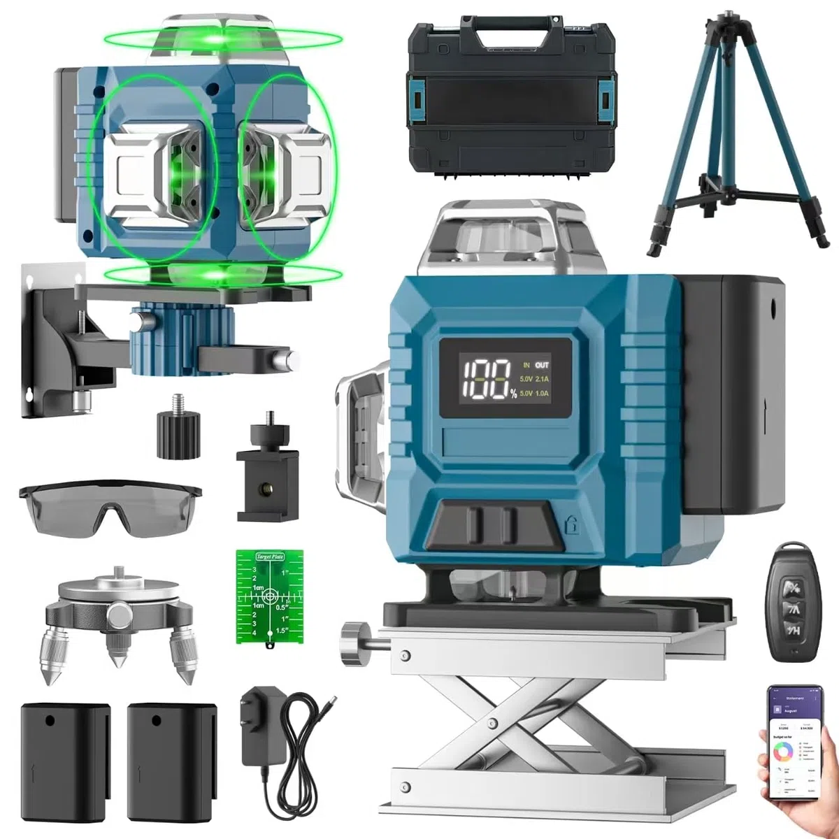 Livella Laser con Treppiede,Livella Laser Autolivellante 360 con 2x3000mAh Batterie & Indicatore LED, 4X 360 °Livello Laser,16 Linee Laser Verde/APP/Telecomando/IP54 Impermeabile,Antipolvere