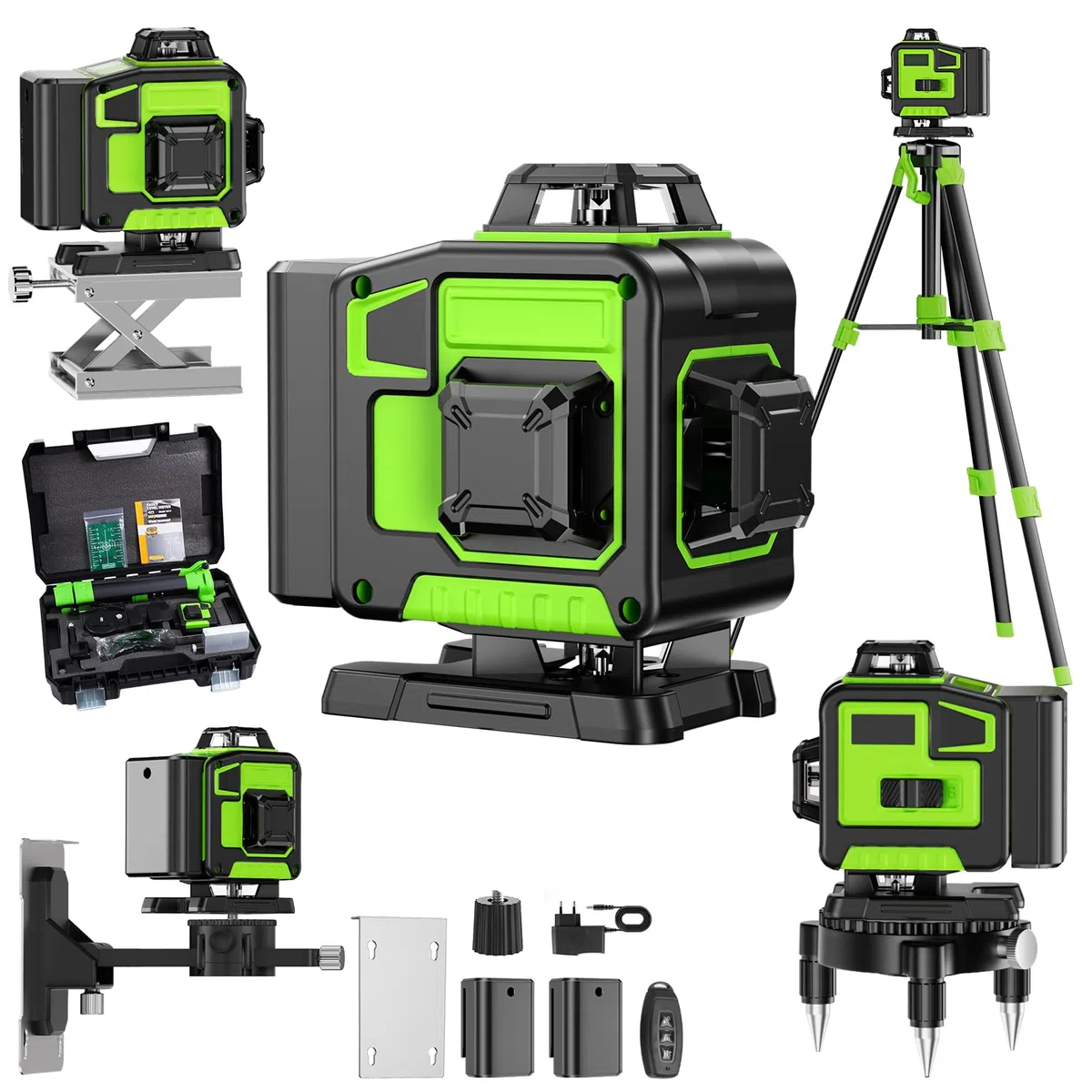 Livella Laser Autolivellante 16 Linee, 4 X 360 °Livello Laser Autolivellante Verde, 2 x Batterie, Autolivellante, Supporto Rotante, Telecomando Cabina di Rilevamento (con Treppiede)