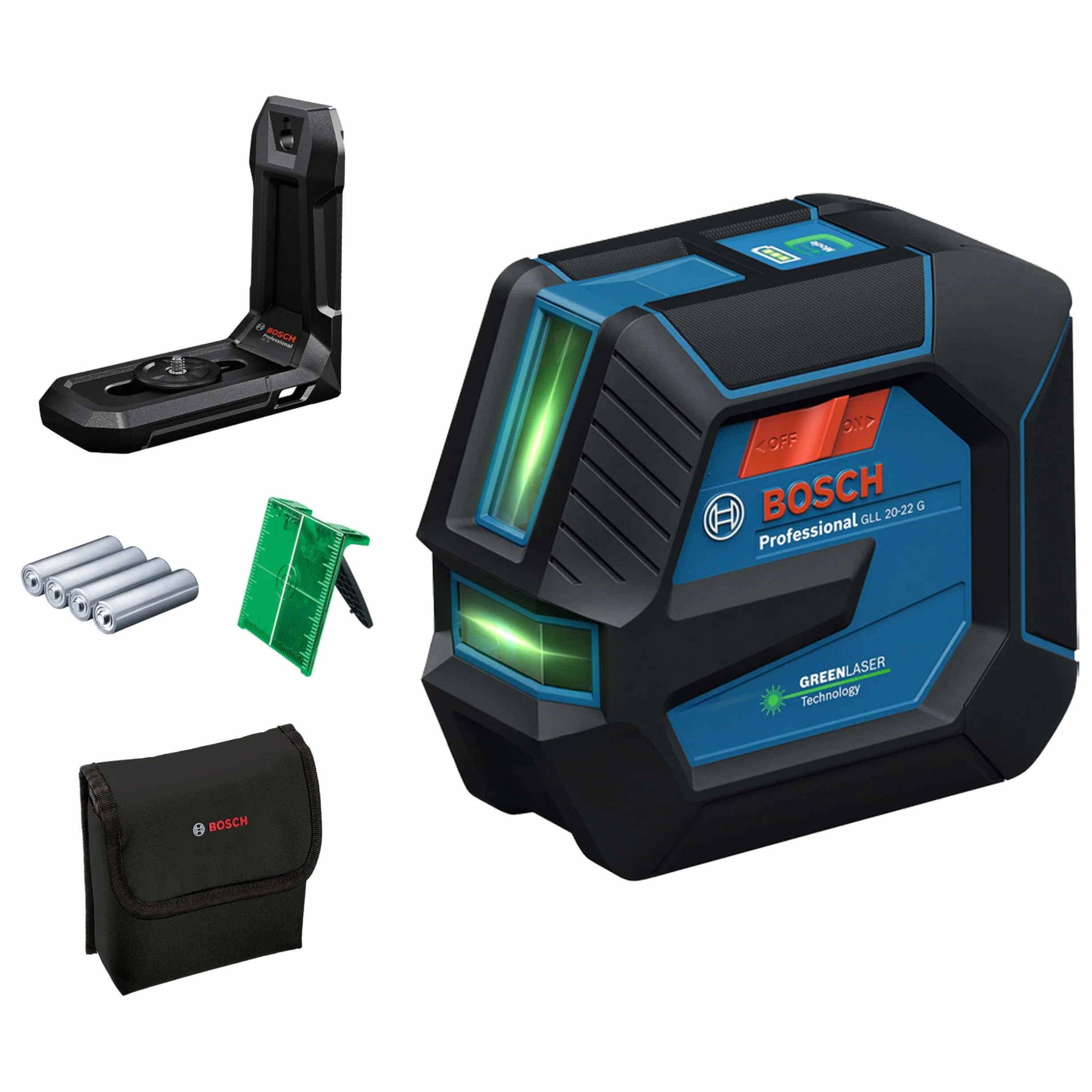 Bosch Professional livella laser a linee GLL 20-22 G (staffa LB 10, laser verde, uso interno, doppia alimentazione, 2 batterie da 1,5 V LR6, custodia protettiva)