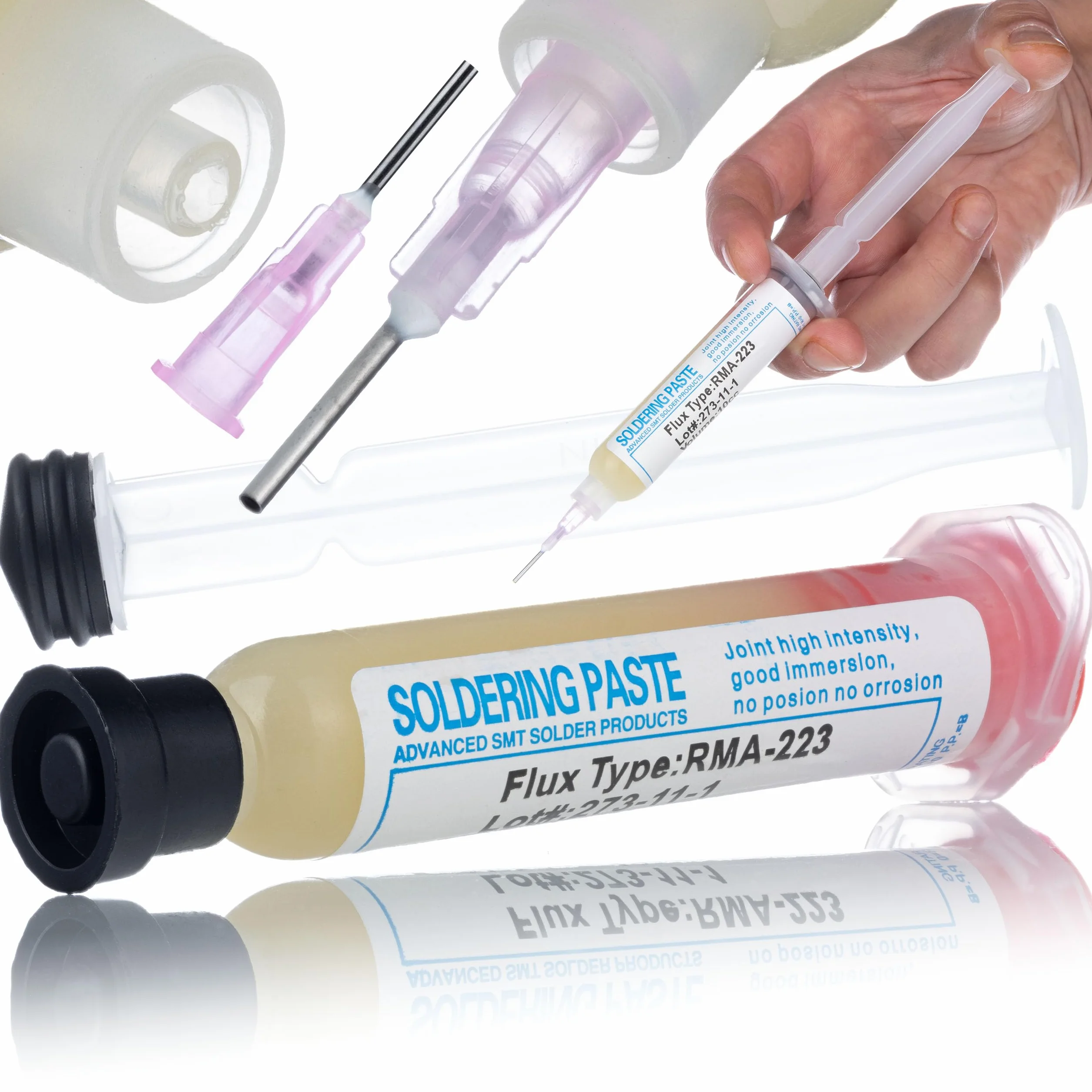 Set Flux RMA-223 con Stantuffo e Ago – Pasta Saldante No Clean 10cc | Ø Ago 1,025 mm | Elettronica di Precisione | Accessorio per Saldatura Professionale