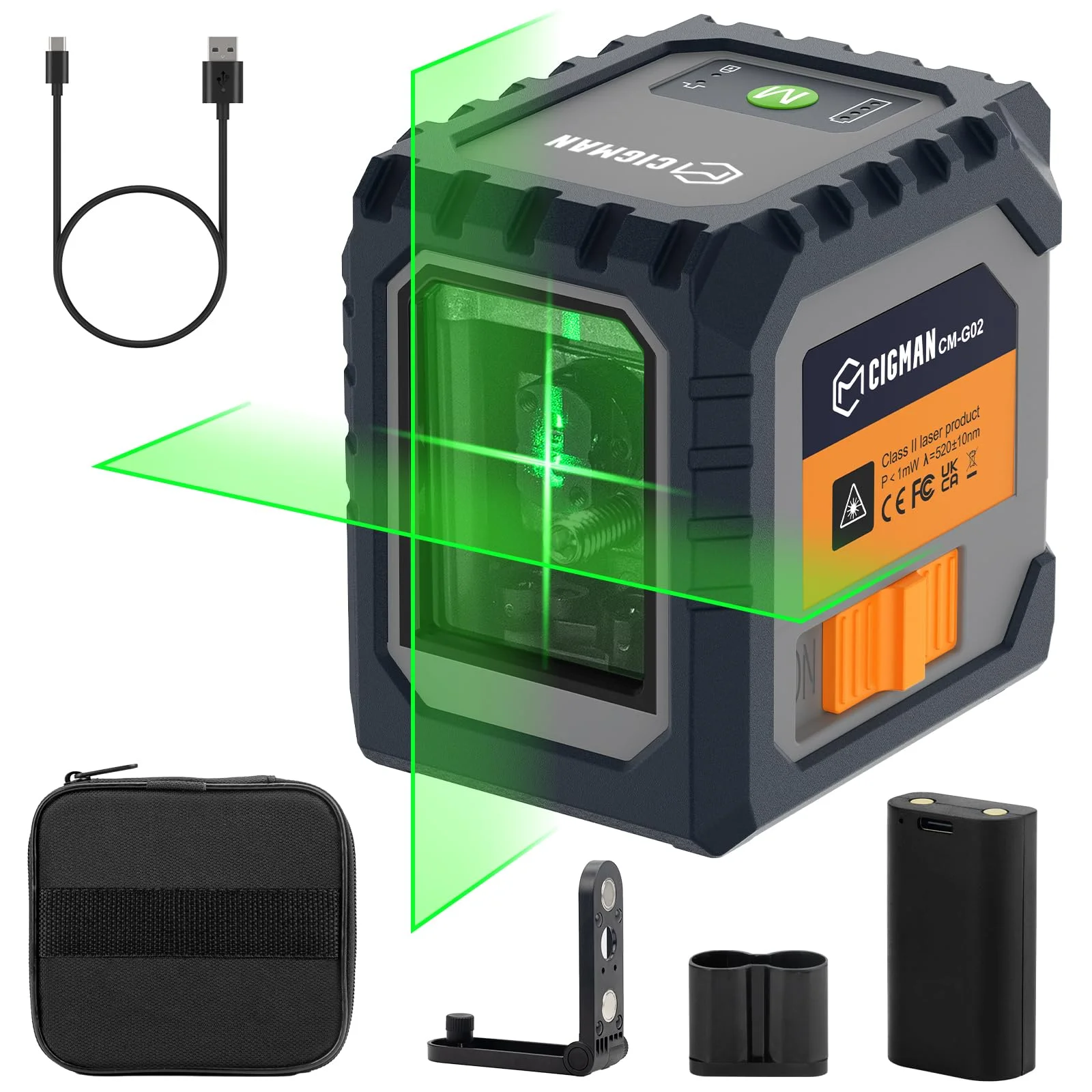 Livella Laser, CIGMAN G02 Cross Livello Laser Autolivellante a Raggio Verde Laser Orizzontale e Verticale a Linee Incrociate per la cantieri, interni, DIY.(Batteria Inclusa)