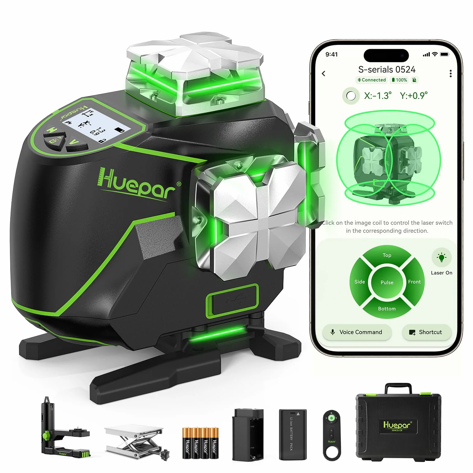 Huepar S04CG 16 Linee Livello Laser Autolivellante 4 X 360 ° Laser a Linee Incrociate con Schermo LCD, Strumento Laser per Pavimenti Piastrellati con Raggio Verde 4D Bluetooth