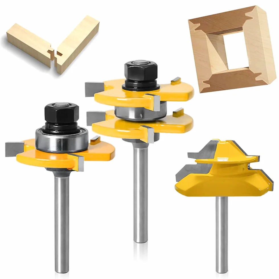 3 Pezzi Fresa per incastri Set, 6.35mm Fresa Scanalatura legno, Tagli a 45 Gradi+ Frese, per Strumento di Lavorazione del Legno, Fresatrice Verticale